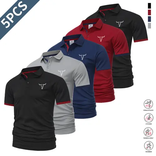 Men's 5-Piece Short-Sleeve Polo Shirts Set - Quick Dry, Comfortable, Contrast Neck, Tennis-Day Ready, Free Motion, Biking, Polo Shirt for Active Wear, Men's Clothing