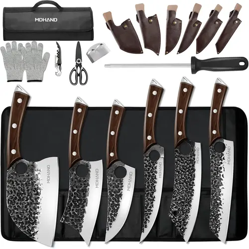 MDHAND 18Pcs Hand Forged High Carbon Steel Full Tang Kitchen Knives Set - Rustproof Scratch Resistant Stainless Blades, Portable Bag, Sharpening-Ready Cleaver, Boning Tool for Hard Veg/Meat Cutting, Halloween/Christmas Mens Gifts