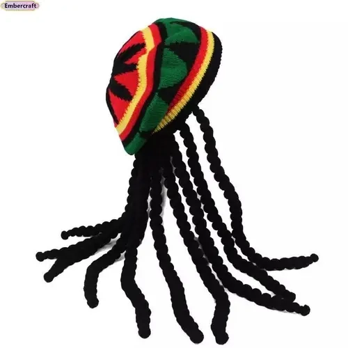 Unisex Jamaican Style Lightweight Wool Blend Knit Dreadlock Cap - Fake Braided Rainbow Boho Headdress Beanie, Adult Halloween Accessory, Music Festival Hat, Quirky Gifts for Accessories Adults Music Lovers