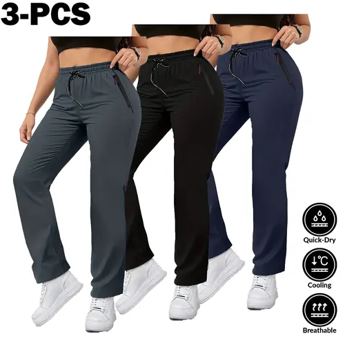 Women's 3-Pack Polyester Quick-Dry Activewear Jogger Pants - Breathable, Casual Loose Fit, Athleisure Style Women's Pants Multi Pack for Workout, All Seasons Use