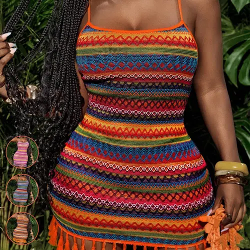 【Black Friday】Women's Vacation Colorful Striped Fitted Fringe Mini Dress, Stylish & Comfortable Summer Dress, Perfect for Beach & Poolside Wear, Boho Style