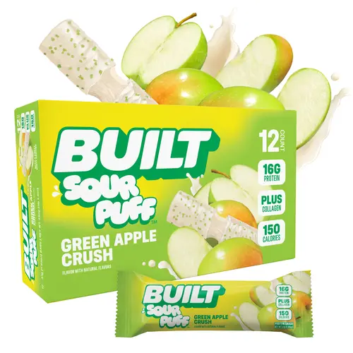 Official BUILT Bar, Sour Puff Protein Bars, Green Apple Crush, 16g Protein Snacks, On-The-Go Bars, Only 150 Calories, 8g Sugar, Collagen, Gluten Free, 12 Count
