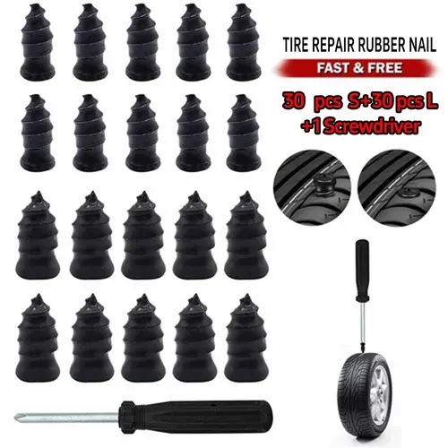 Dual-Size Tire Repair Nails Kit, 60 Pcs (30pcs small+30pcs large) with 1 Screwdriver, High-Connection-Strength Vacuum Rubber Nails for Cars/Motorcycles, Self-Service Fast Puncture Repair Supplies
