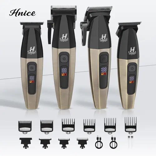 Hnice Professional Cordless Hair Clipper & Trimmer Kit for Men Youth - High Quality Oily Hair Clipper, Carbon & Stainless Steel Blades, LED Display, Long-Lasting Battery, USB Charge, Limit Comb, Brush, Data Cable, Carving Scissors, Cordless Design Set