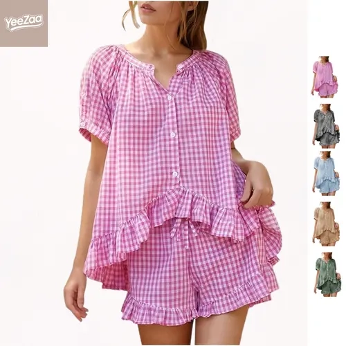 YeeZaa Women's Gingham Pajamas Set 2 Piece Shorts Sets Pj Sets Pjs 100% Cotton Puff Sleeve Ruffle Babydoll Shirt & Plaid Shorts Maternity Pregnancy Button Down Checkered Sleepwear Lounge Outfits 2026 Summer Sets #Summervibes