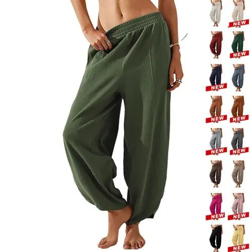 Tanming Womens Boho Baggy Wide Leg Pants - High-Waisted Elastic Tulip Cinch-Hem Lantern Trousers Casual Hippie Pants with Pockets - Spring Summer Fall Daily Streetwear Workout
