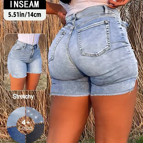 GILIPUR Women's Light Blue High Waist Elastic Denim Shorts, Denim Shorties, Y2K Vintage Side Split Frayed Hem Jorts, Casual Streetwear Slim-Fit Shorts for Summer, Beach & Daily Wear