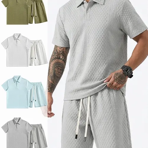Men's Solid-Color Ribbed Knit 2-Piece Polo T-Shirt & Waist-Cinched Shorts Set, Classic Menswear for Summer Everyday Outdoor, Fitness Use
