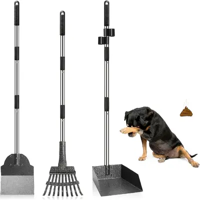 3-Piece Stainless Steel Dog Pooper Scooper Set with Adjustable No-Bend Handle Rake Spade & Oversized Tray for Grass Dirt Gravel Cleanup