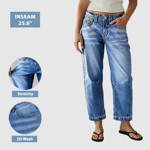 Flamingals Seaming Detail Mid Waist Straight Leg Crop Jeans Stretchy 25.6 Inseam Casual Fit