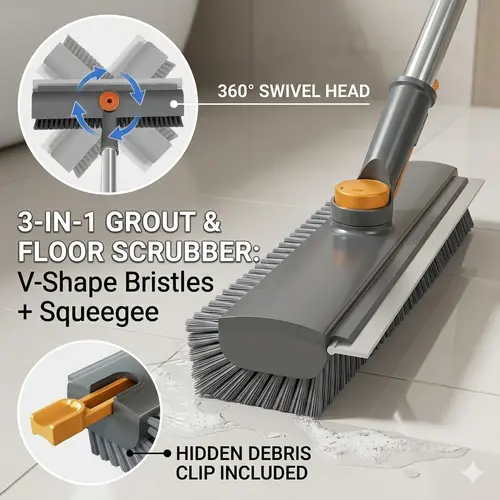 A-3-in-1 Floor Scrub Brush with Long Handle, Heavy Duty Stiff Bristle Scrubber with Squeegee, Multipurpose Cleaning Brush for Bathroom, Shower, Patio, Garage, Deck and Tile Grout