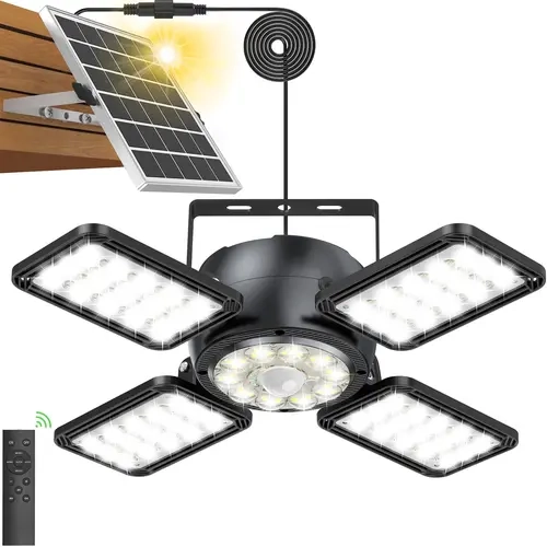 ISUNMEA Solar Shed Light Outdoor Indoor Upgrade 1200LM 174LED 4 and 1 Heads Motion Sensor Pendant Light, Solar Lights with 5 Lighting Modes Remote Control IP65 Waterproof for Barn Patio Gazebo Shop