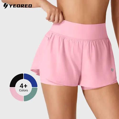 Yeoreo Women's 2-in-1 High Waisted Regular Fit Elastic Quick-Dry Polyester Blend Double Layer Breathable Sports Shorts - Gym Workout Apparel with Zip Pockets, Side Slit, Tummy Control for Active Running, Hiking