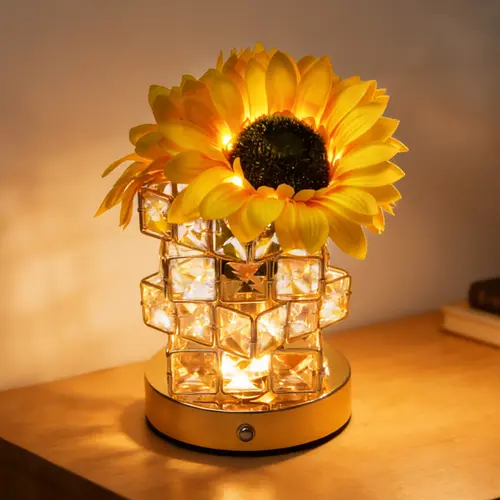 Sunflower Crystal Glass Desk Lamp - USB Rechargeable LED Light with Adjustable Warm, Soft Eye-Safe Glow, Glamorous Lighting Accessory for Bedroom, Living Room Decor, Study Desk Gift