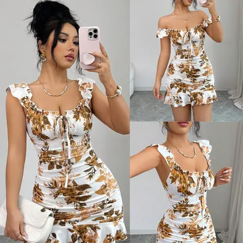Women's Vintage Floral Print Ruffled Hem Bodycon Fit A-Line Dress, Elegant Sexy French Waist Formal Cocktail Summer Dress, Chic Evening Gown, Elegant Party Dress