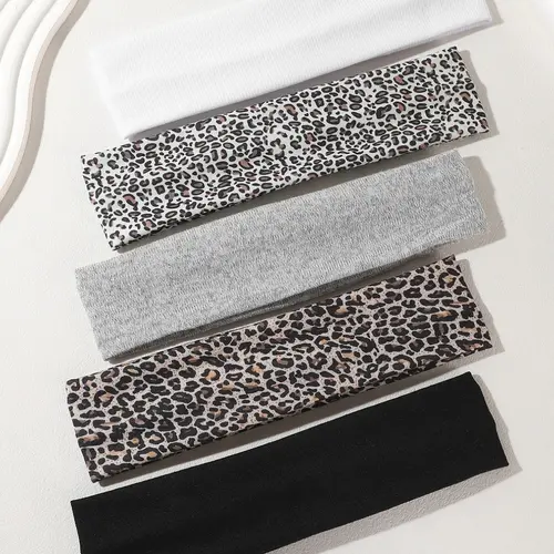 5pcs Women's Leopard Print Striped Headbands, Soft Elastic Durable Sport Yoga Running Spa Hair Bands, Unisex Fashion Hair Accessories, Sports Headband