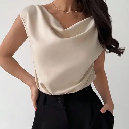 Women's Cowl Neck Cap Sleeve Bodysuit Top, Knitted Bodysuits, Satin-Finish Woven Fabric, Flowy, Boat Neck Back, Crotch Snap Closure, Daily Casual Office Commute Date Party Wear, Wrinkle-Resistant Breathable