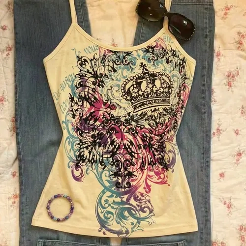 Summer Y2K Millennial Gradient Totem Crown Floral Print Thin Strap Halter Fitted Tank Top, Sweet Cool Girl Slim Fit Short Sleeve Shirt, Trendy Chic Fashion, Womenswear