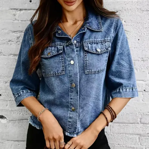 Women's Casual Short Denim Jacket with Notched Collar, Mid-Length Sleeves and Frayed-Edge Design, Button-Pocket Denim Top, Collared