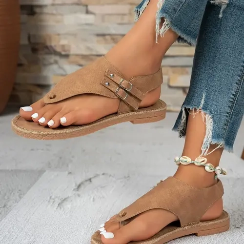 Vortread Women's Summer Boho Style Classic Flat Bohemian Sandals | PU Leather Comfortable Toe-Post Slingback Shoes with Double Buckle | Breathable Vintage Beach Slides | Casual Outdoor Lightweight Non-Slip Rubber Sandals