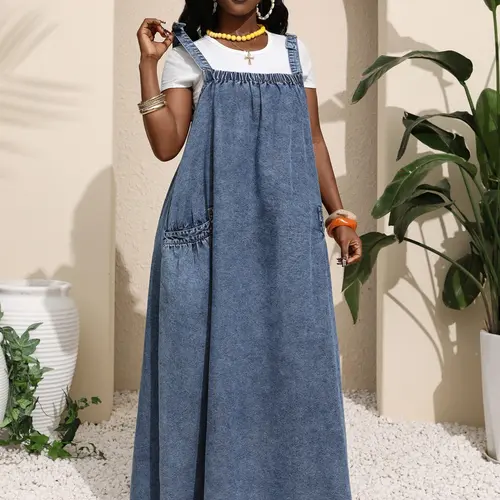 Women's Bohemian Washed Denim Strapless Long Dress, Casual Sleeveless Large Pocket Loose Fit Jeans Workwear Boho Pocket Dress Summer Style