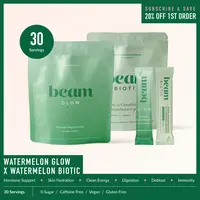 Beam Glow-Biotic Duo Caffeine-Free Mineral Supplement Sticks - 30 Portable Single-Serve Sticks (15 Biotic, 15 Glow) for Adult Hormone Balance, Gut Health, Fruity Daily Nourishing Supplement with Debloat Support