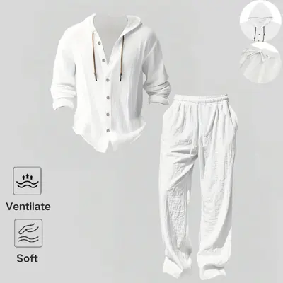 2-Piece Set Men's lightweight  Trendy Hooded，Made From Soft Linen，Casual Vacation Style, Loose Fit Breathable Fabric,Long Hoodie & Wide-Leg Pants, Summer Wear outdoorfun Sweatshirt Clothes Fashion Trouser
