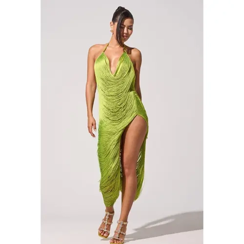 SOFIA FRINGE HIGH SLIT MIDI DRESS IN GREEN