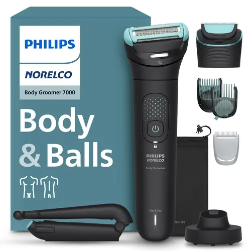 Philips Norelco 7000 Series Men's Body Groomer - Mens Gifts, Self Care Gadgets, Contour-Following 2D Flexing Head, Triple Protect Shave System, Intimate Trimmer, Comb, Cordless, Foldable Back Attachment, 100% Showerproof, BG7480/50