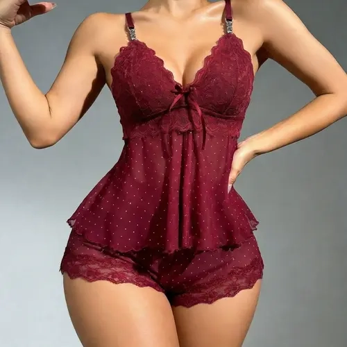 Women's Polka Dot Sexy Pajama Set, Elegant Mesh Lace Design, Strap Top + Shorts, Soft Comfortable Sleepwear for All Seasons, Lingerie Nightwear