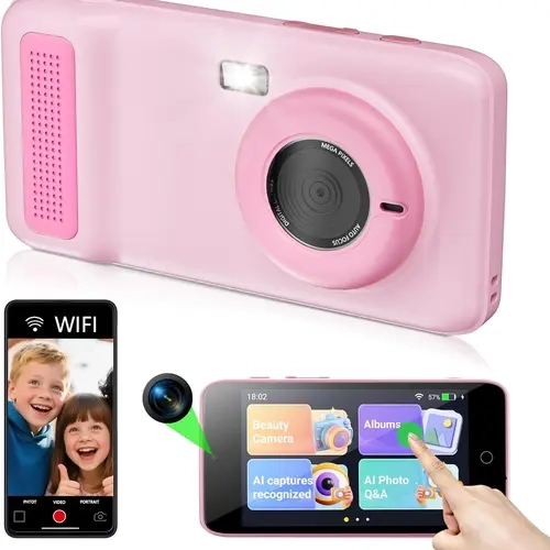Aesthetic AI Digital Camera for Kids (4-12 Years Old) - Dual Lens, 5G/2.4G Dual-Band Wi-Fi, 4" LCD Touch Screen, Everything Recognition, Picture Capture, Silicon Accessory Compatible, Memory Expansion Support, Birthday Christmas Gift Cable Pink