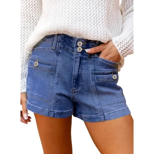 EVALESS Women's High Waisted Cotton Soft Denim Bottom Shorts, Stretchy Casual Essential 2-Piece Double Button Fly Trendy Summer Outfits