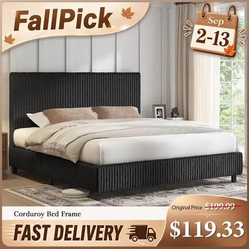AMERLIFE Modern Full Size Bed Frame - Elegant Corduroy Upholstered Furniture, 3.5" Gap-Free Fully Padded Headboard, 2" Padded Rails, Low Profile Metal Slats, No Box Spring Needed, All-Around Foam Padding, Flush Finish, Assembly Required, for Room Decor