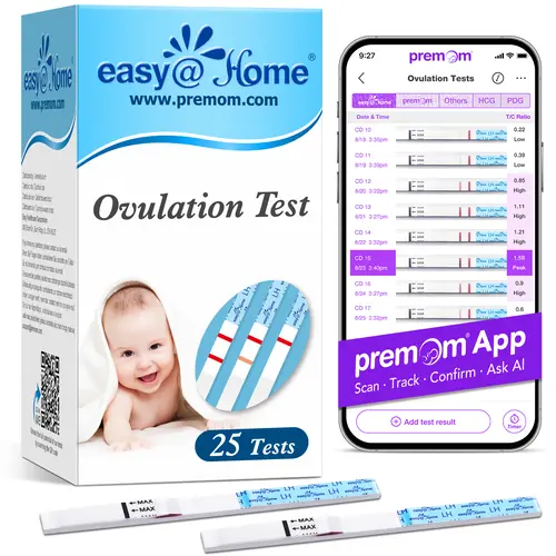 Easy@Home Ovulation Test Strips (25/50/100 Pack) - Ovulation Predictor Kit, Fertility & LH Tests Powered by Premom Ovulation Tracker App for TTC Women