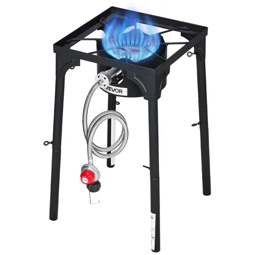 VEVOR Heavy Duty Single Burner Outdoor Propane Gas Stove, 100000 BTU LPG Portable Kitchen Cooker with Carbon Steel Build, Tall Stand, PSI Regulator, Rust-Slowing Coat & Adjustable Flame, for Campfire-BBQ Parties, Camping RV Grill-Fry-Boil-Stew Use#SohoChi