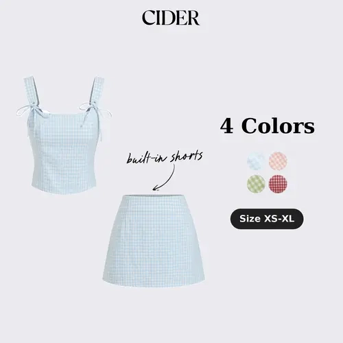 Cider U-neckline Gingham Bowknot Crop Tank Top & Low Rise Mini Skirt Set