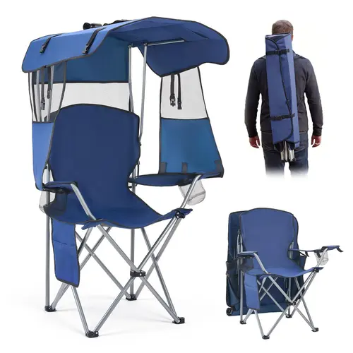 Unisex Portable Folding Lawn Chair - Carbon Steel Frame, Adjustable 600D Oxford Canopy, 1 Magazine Pocket, 2 Cup Holders, 330 lbs Support, Converts into Wearable Backpack, 20.5 in Back Height, Deep Blue Camping Accessories for Hiking #SohoChic