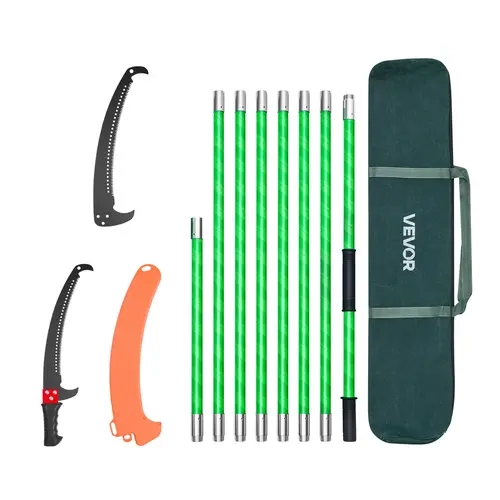 VEVOR Manual Garden Pole Saw, 3.87-27ft 8 Adjustable Sections Durable Fiberglass Handle Tree Pruner, Sharp 65Mn Steel Double-Hook Saw with Rustproof Coating, Quick Tool-Free Lightweight High Branch Trimmer with Carrying Bag for Palms, Shrubs