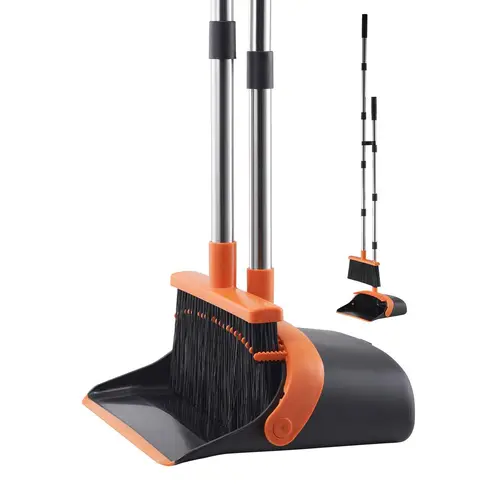 VEVOR Broom and Dustpan Set, Heavy Duty Dustpan and Broom Combo with Self-Cleaning Teeth, Metal Upright Standing Dust Pan with Long Handle, Ideal for Home, Restaurant, Office, Dorm, Black+Orange#SohoChic