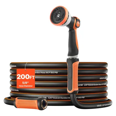 VEVOR 5/8" Heavy Duty Hybrid Rubber Water Hose (200ft), 10-Pattern Spray Nozzle, 150 PSI Rated, 600 PSI Burst, 360° Flexible Anti-Kink Design, 3/4" Fitting, Swivel Ends, Pre-Installed Leak-Proof Washers, 28 Lbs / 12.7 Kg Lightweight for Gardening