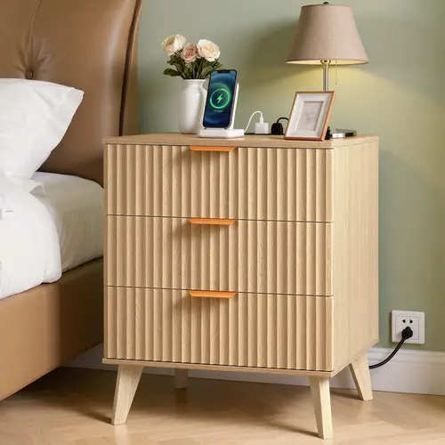 VEVOR Mid-Century Modern Khaki Fluted Panel Particle Board Nightstand, 3 Drawers, 1 USB Port, 1 Type-C Port Charging Station, 50 lbs/22 kg Capacity, Quick Setup Storage, Home Decor for Modern Bedroom#SohoChic