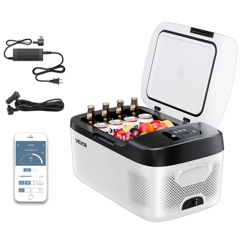 VEVOR 16QT (15L) Portable Compressor Freezer Cooler, 12/24V DC & 100-240V AC 60W System, Matte Fridge with APP Control, USB, Latch, 20min 32°F Chill, 45° Stable Use for RVs, Camping, Fishing