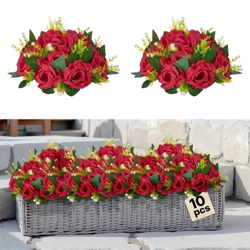 VEVOR 10-Pc Full-Layer Blooms Durable Silk Red Rose Kissing Balls Set, 9.4x9.4x4.7in Fluff-To-Restore Decorative Balls with Brush-Clean Upkeep, Exquisite Detailing 10-Pc Table Set for Wedding Home Decor