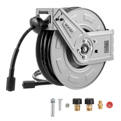 VEVOR Carbon Steel Auto-Retract Pressure Washer Hose Reel, 65 ft x 1/4 inch, 3200PSI Max, 4000PSI Ready, Leakproof Brass Joint, Impact-Resist Frame, 4.9 ft Lead-In Hose, Swivel Inlet, Heavy-Duty Wall/Floor Mounted for Gardening, Car Washing