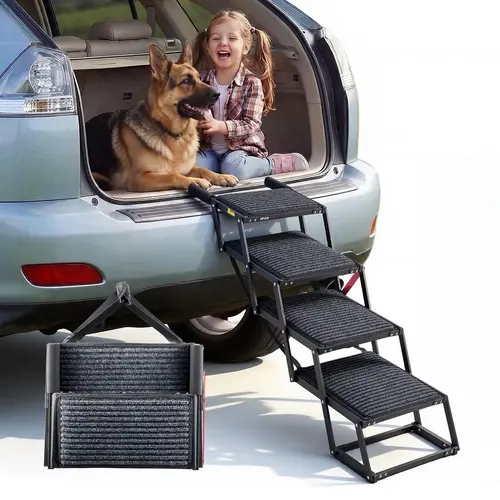 VEVOR Sturdy Steel Frame Dog Stairs, 4-Step Extra Wide Foldable Outdoor Access Aid with Non-Slip Rug Surface, Portable Lightweight Pet Accessory for Car, Truck, SUV, 200 lbs Capacity, Black for Comfortable Easy High Bed Access