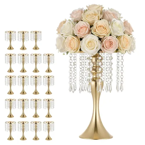 VEVOR Flower Vases Standing Wedding Centerpiece - 13.2 in Tall Crystal Pendant Decorative Table Vase, Q235A Solid Steel with French Gold Electroplated Finish, Easy Screw Assembly, Pack of 20 for Parties & Home