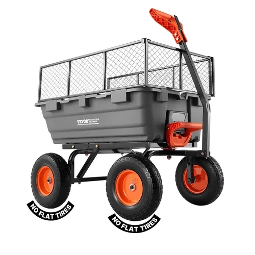 VEVOR Heavy Duty Garden Dump Cart, 1200 lbs/544 kg PP Tray Heavy Duty Cart with 13" PU Wheels, 180° Swivel Turn, 2-in-1 Convertible Handle, 90° Quick-Lift Dump Mechanism, Storage Fence, Double Load Space for Outdoor Yard & Farm Use (Mud/Gravel Steady)