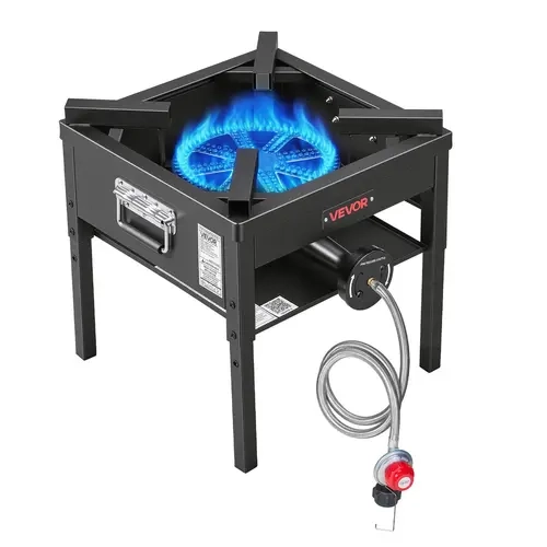 VEVOR 200000 BTU High Performance Heavy-Duty Single Burner Outdoor Portable Gas Grill, Carbon Steel Outdoor Camping Equipment with Detachable Windshield Shield, 20 PSI Regulator & Braided Hose Set for Tailgate, BBQ Parties