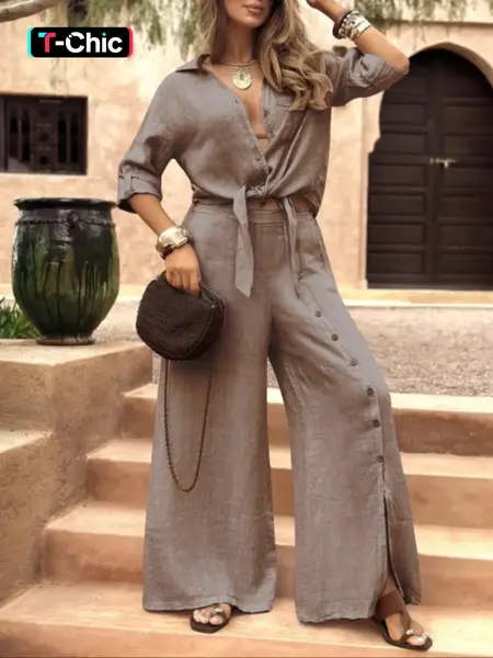 Women's 2-Piece Tie-Back Long Sleeve Shirt and Single Button Wide-Leg Pants Set, Vintage Loose-Fit Casual Chic Fashion Clothes for All Seasons Womenswear