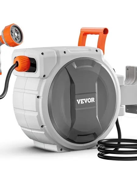 VEVOR Wall Mount Retractable Garden Hose Reel, 5/8 in x 100 ft Durable Adjustable Nozzle Spray Device Watering Equipment, 600psi Burst Test Frost-Ready PP Shell, 9 Settings, Length Lock, Slow Rewind System, 180° Swivel Bracket for Outdoor Use, Car Washing